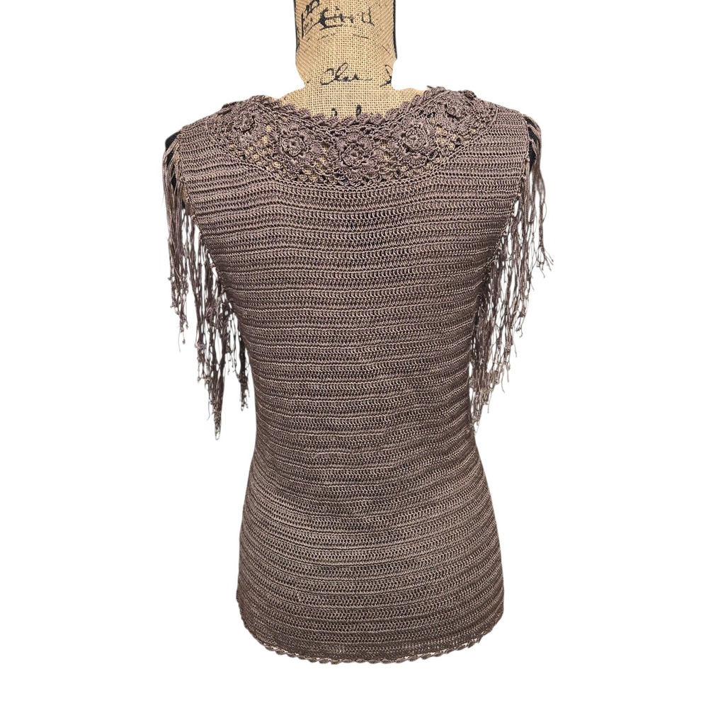 The Limited Hand Knit Tank Top Womens L Brown Crochet Fringe Boho Hippie EUC - Picture 5 of 9
